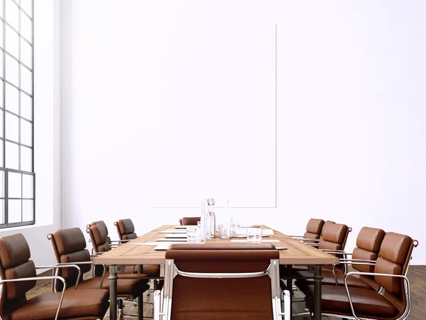 Photo interior modern meeting room with panoramic windows.Blank White Canvas on Wall and Generic Design Armchair in contemporary conference rom.Horizontal mockup. 3D rendering