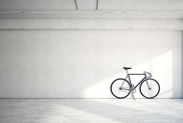 Horizontal Photo Blank Grungy Smooth Bare Concrete Wall in Modern Loft Studio with Classic bicycle. Soft Sunrays Reflecting on Wood Surface. Empty Abstract background.