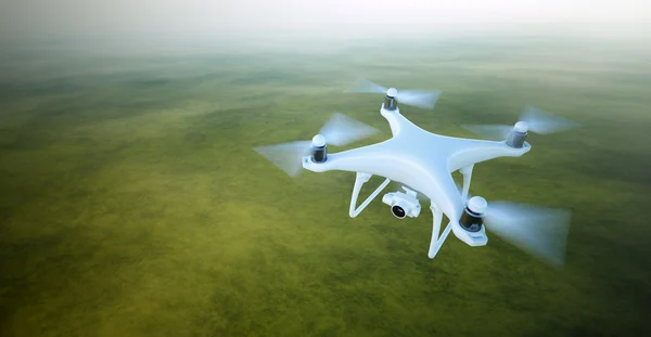 Photo White Matte Generic Design Air Drone with video camera Flying in Sky under the Earth Surface. Uninhabited Green Fields Background.Horizontal, front top angle view.Film Effect.3D rendering.