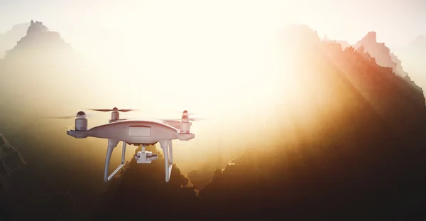 Photo White Matte Generic Design Modern Remote Control Drone with camera Flying in Sky under the Earth Surface. Grand Canyon Sunset Background. Horizontal, back angle view. Film Effect. 3D rendering.