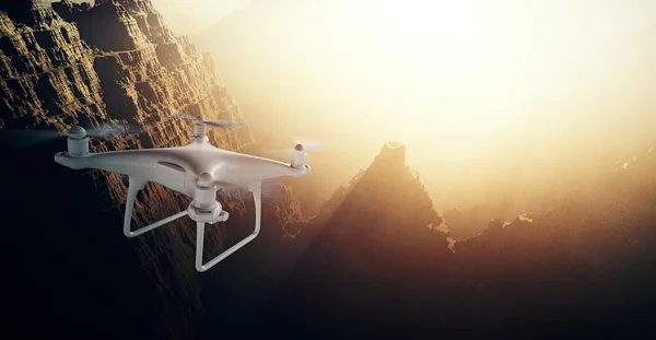 Photo White Matte Generic Design Modern Remote Control Drone action camera Flying in Sky under Earth Surface. Grand Canyon Sunset Background. Horizontal, back top angle view.Film Effect. 3D rendering.