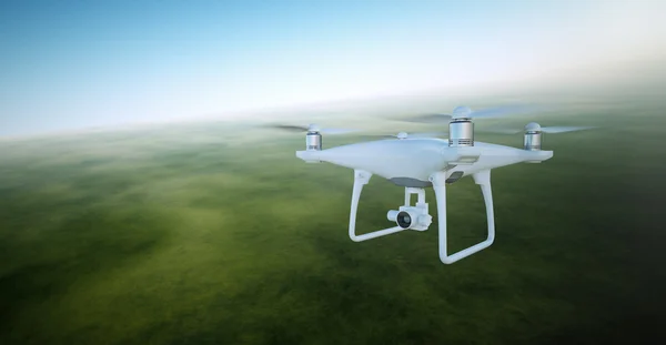 Photo White Matte Generic Design Air Drone with video action camera Flying Sky under the Earth Surface. Green Fields Background. Wide, front side angle view. Film Effect. 3D rendering.