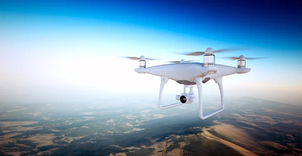 Photo White Matte Generic Design Air Drone with action camera Flying Sky under Earth Surface.Uninhabited Desert Mountains Sunset Background.Horizontal,front top angle view.Film Effect.3D rendering.