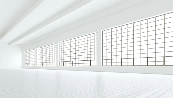 Empty modern industrial room with huge panoramic windows,painted white wood floor and blank walls.Generic design interior contemporary conference hall.Open space business idea.Horizontal.3D rendering.