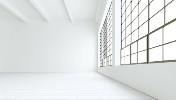 Blank modern industrial room with huge panoramic windows,painted white wood floor,empty walls.3D rendering.Generic design interior contemporary building.Open space business conference hall.Horizontal.