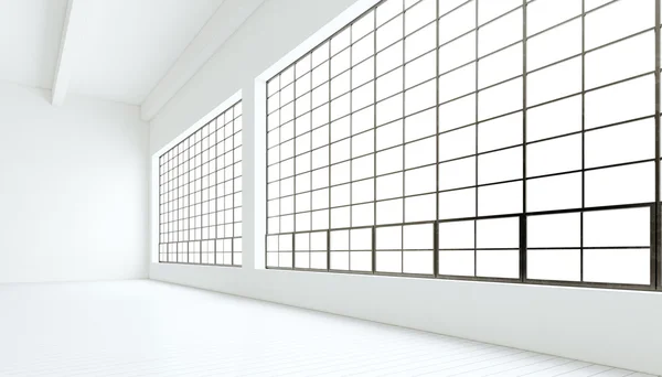 Empty modern industrial expo room huge panoramic windows,painted white wood floor,clean walls.3D rendering.Generic design interior contemporary building.Open space business conference hall.Horizontal.