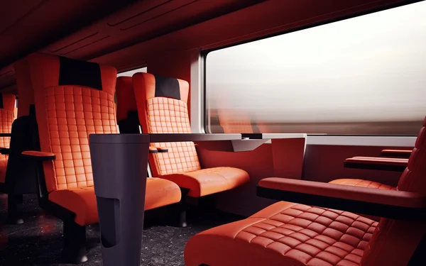 Interior Inside First Class Cabin Modern Speed Express Train.Nobody Red Chairs Window.Comfortable Seats and Table Business Travel. 3D rendering.High Textured Row Material. Motion Blurred Background.