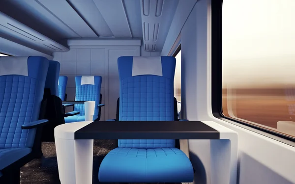 Interior Inside First Class Cabin Modern Speed Express Train.Nobody Leather Chair Window.Comfortable Seat and Table Business Travel. 3D rendering.High Textured Row Material. Motion Blurred Background.