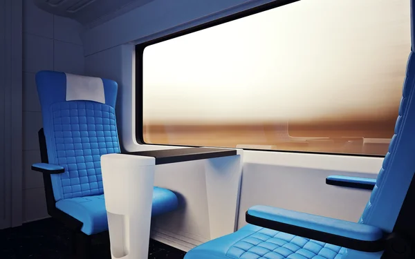 Interior Inside First Class Cabin Modern Speed Express Train.Nobody Leather Chairs Window.Comfort Seats and Table Business Travel. 3D rendering.High Textured Row Materials. Motion Blurred Background.
