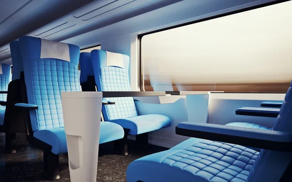 Interior Inside First Class Cabin Modern Speed Express Train.Nobody Leather Chairs Window.Comfortable Seats Table Business Travel. 3D rendering.High Textured Row Material. Motion Blurred Background.