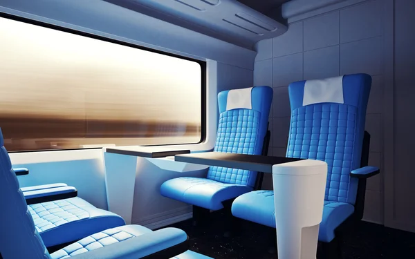 Interior Inside First Class Cabin Modern Speed Express Train.Nobody Leather Chairs Window.Comfortable Seats and Table Business Travel. 3D rendering.High Textured Row Materials. Motion Blur Background.