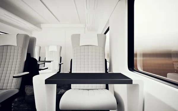 Interior Inside First Class Cabin Modern Speed Express Train.Nobody White Leather Chair Window.Comfortable Seat Table Business Travel.3D rendering.High Textured Row Material.Motion Blurred Background.