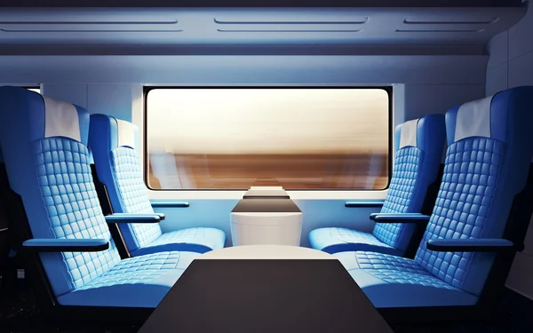 Interior Inside First Class Cabin Modern Speed Express Train.Nobody Leather Chairs Window.Comfortable Seats Table Business Travel. 3D rendering.High Textured Row Materials.Motion Blurred Background.