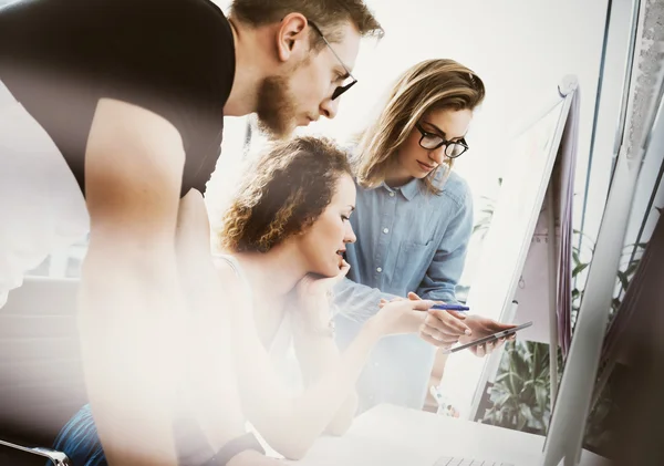 Coworkers Team Working Office Studio Startup.Businessman Using Modern Tablet,Desktop Monitor Wood Table.Bank Managers Market Researching Process.Virtual Digital Diagram Interface Screen.Blurred