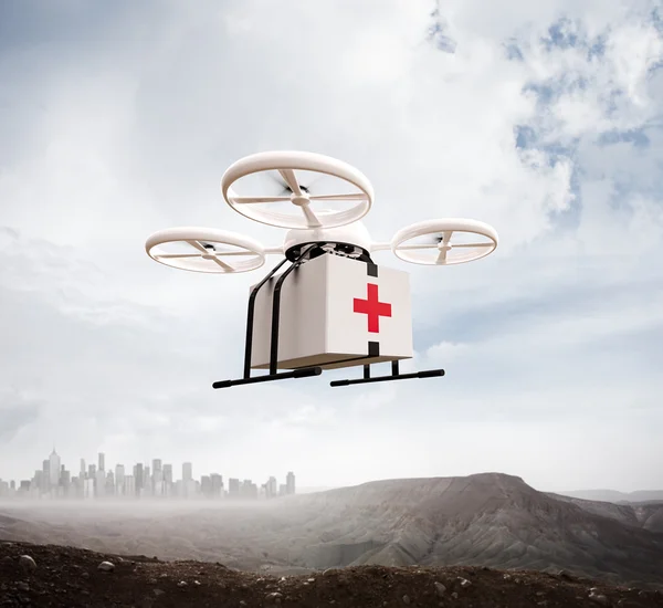 Photo White Generic Design Remote Control Air Drone Flying Sky Medical Box Under Earth Surface.Modern City Background.Ambulance Fast Shipping.Square,Left Side Angle View.Film Effect.3D rendering.