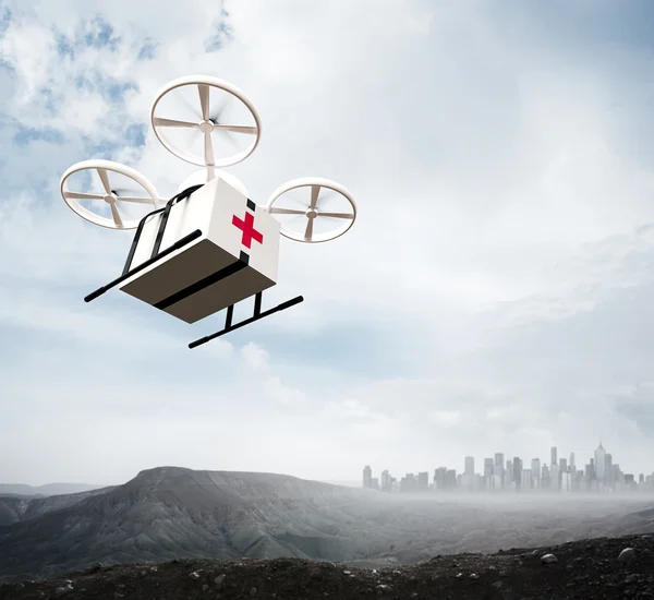 Photo White Generic Design Remote Control Air Drone Flying Sky Medical Box Under Earth Surface.Modern City Background.Ambulance Fast Shipping.Square,Bottom Angle View.Film Effect.3D rendering.