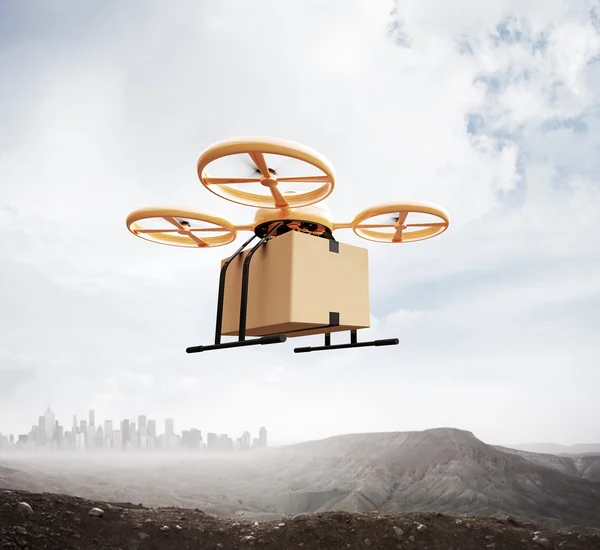 Photo Yellow Color Generic Design Remote Control Air Drone Flying Sky Blank Craft Box Under Earth Surface.Modern City Background.Global Logistic Express Delivery.Square,Front Side View 3D rendering