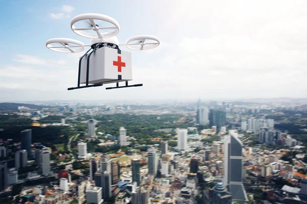 Photo White Generic Design Remote Control Air Drone Flying Sky Medical Box Under Urban Surface.Modern City Background.Ambulance Fast Delivery.Horizontal,Left Side Angle View.Film Effect.3D rendering.