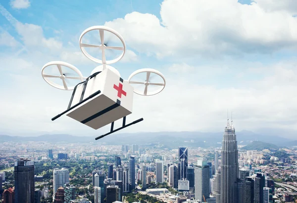 Photo White Generic Design Remote Control Air Drone Flying Sky Medical Box Under Urban Surface.Modern City Background.Ambulance Fast Delivery.Horizontal,Bottom Angle View.Film Effect.3D rendering.