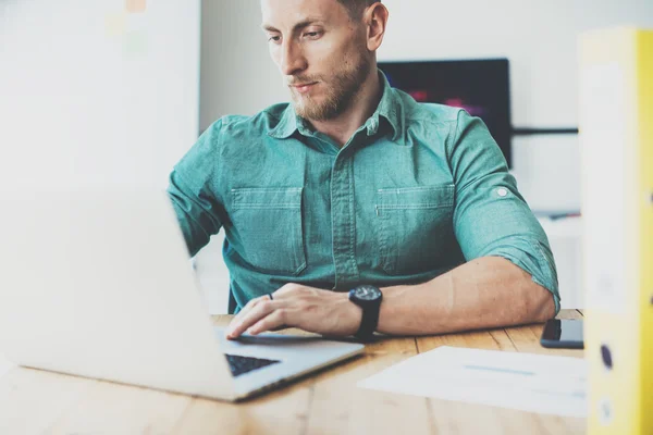 Social Trading Manager Working Wood Table Laptop Modern Interior Design Loft Place.Businessman Work Coworking Studio.Men Use Contemporary Notebook Typing Hand.Blurred Background. Business Startup