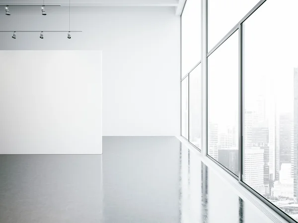 Mock up of empty white gallery interior and panoramic windows. 3d render