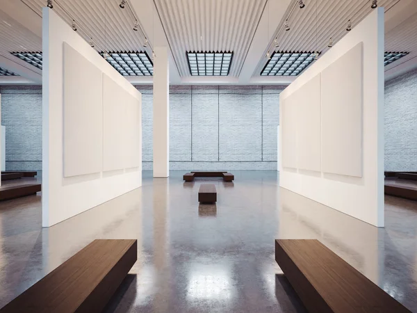 Mock up of empty gallery interior with four brown bench. 3d render