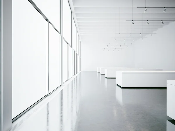 Empty white gallery interior and big windows. 3d render