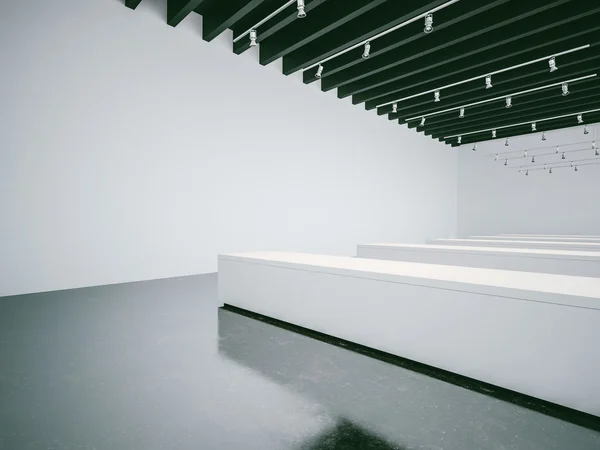 White gallery interior with empty walls and black ceiling. 3d render