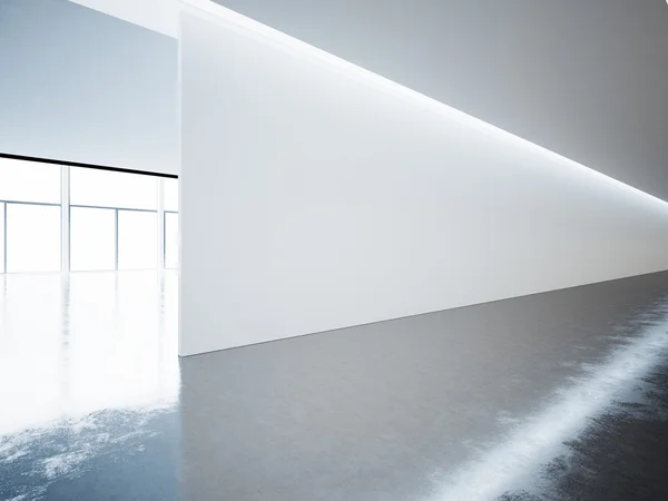Blank panoramic wall in museum interior with concrete floor. 3d render