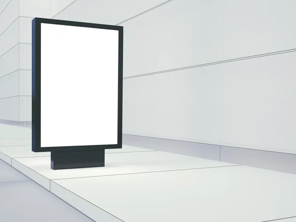 Blank lightbox on the empty street. Glass facades of buildings in  background. Left side. 3d render