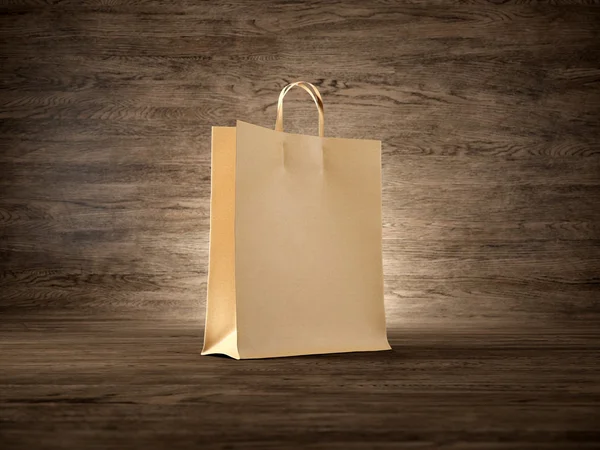 Concept of craft shopping bag wooden background. Focus on the bag. 3d render