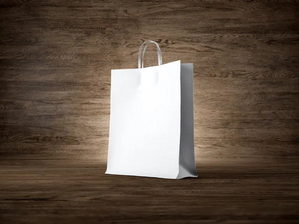 Concept of empty shopping bag wooden background. Focus on the bag. 3d render
