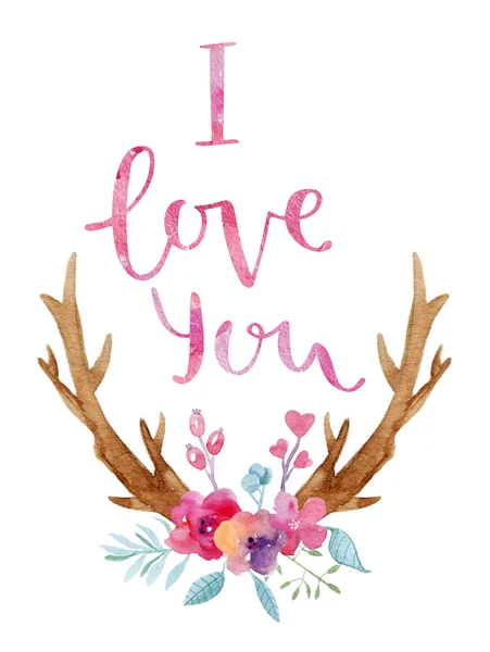 Watercolor card with illustration horns, flowers ans hand lettering sing I love you.