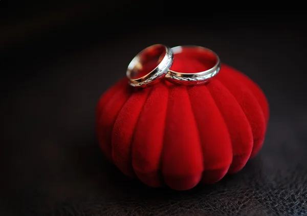 Pair of gold wedding rings on the red box