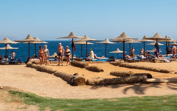 Group of elderly people playing bocce on the beach.