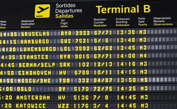 Flights information board in Barcelona airport terminal