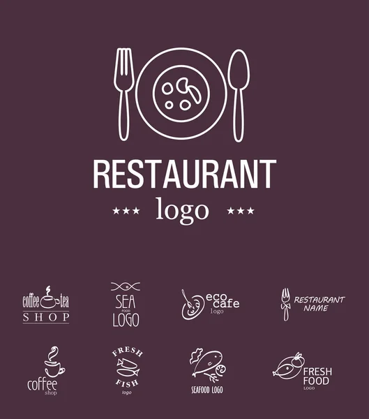 Vector set of restaurant logo design tempaltes. Eco food, fast food, sushi, pizza icons, fish and sea food company insignia. Coffee and tea icons. Dish elements icons design.