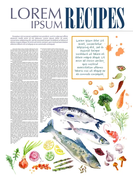 Template of magazine article recipe design with bright watercolor illustrations of fresh vegetables on white background.