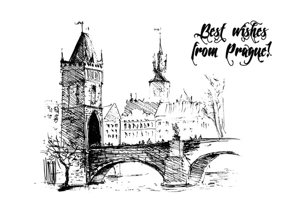 Black and white hand drawn ink sketch of Prague with text message. European touristic sightseeing illustration. Good for memory postcard, book or magazine article.
