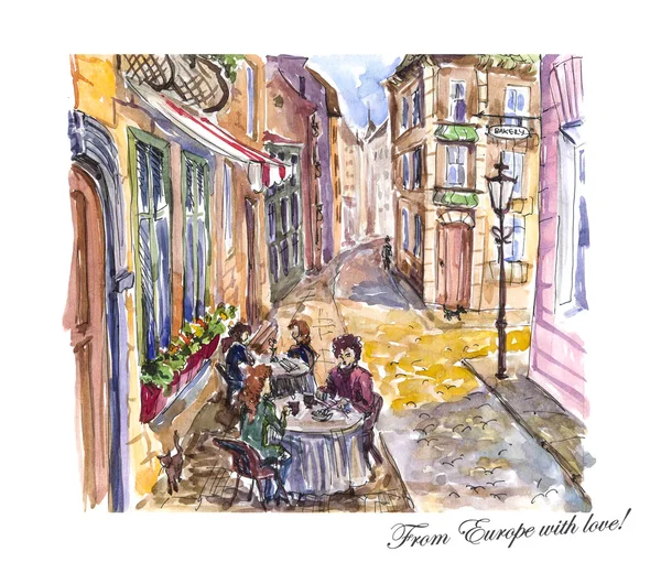 Watercolor hand drawn ink sketch of european street with small cafe and people with text message. European touristic sightseeing illustration. Good for memory postcard, book or magazine article.