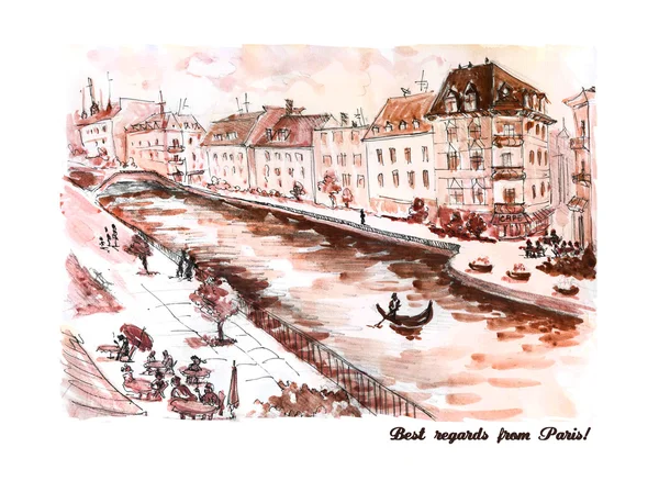 Sepia hand drawn ink sketch of Paris with text message. European touristic sightseeing illustration. Good for memory postcard, book or magazine article.