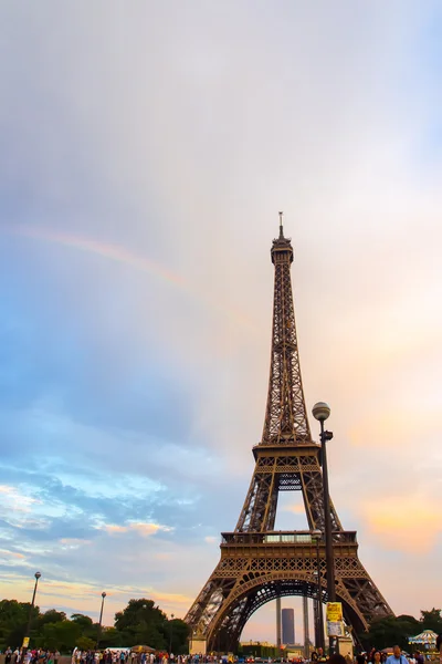 Eiffel Tower in Paris, France. City landmarks with rainbow and s