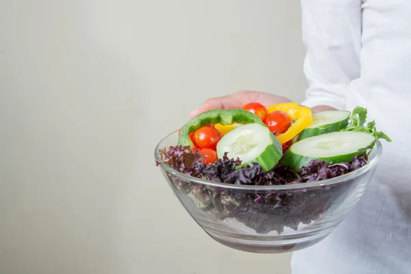 Hands of beautiful woman holding big bowl of fresh veggie salad