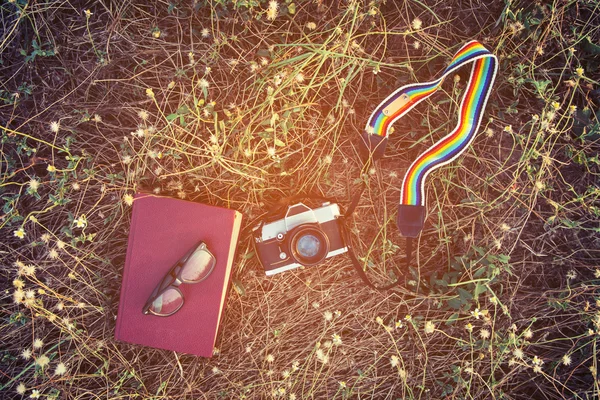 Vintage style of retro camera with book and glasses in the flowe
