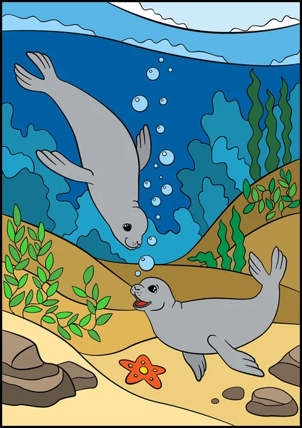 Cartoon animals. Two little cute seals swim underwater.