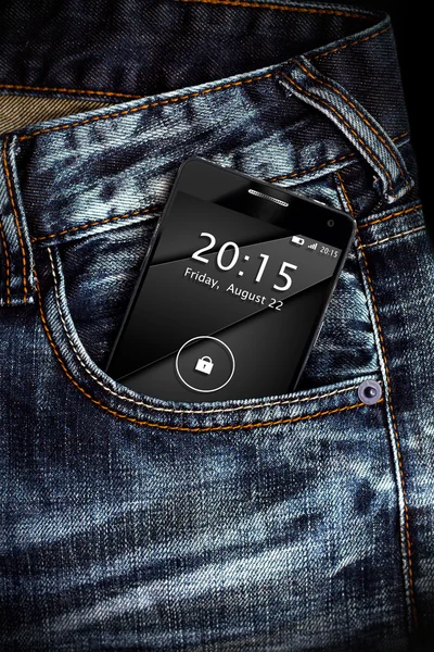 Phone in jeans pocket. Interface on the screen is generated grap