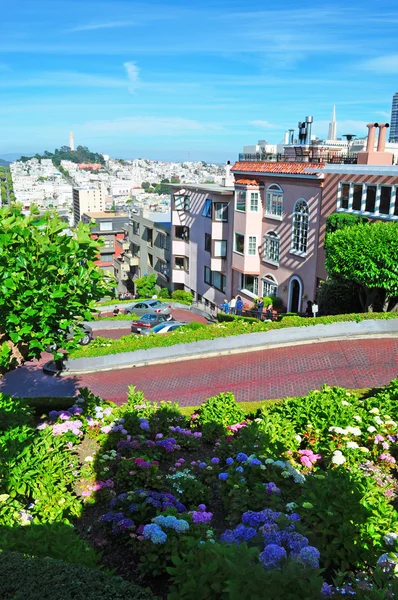 San Francisco: details of Lombard Street sharp turns and city skyline