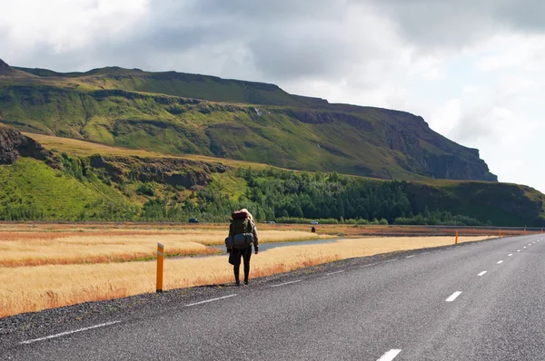Iceland: a girl walks on the Route 1, the Ring Road