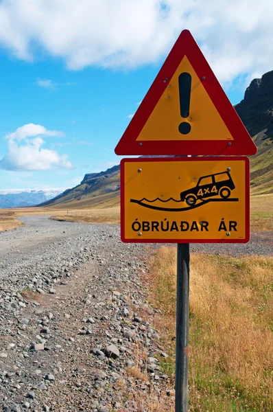 Iceland: a road sign warning for water on the off road vehicle trail in the Icelandic landscape