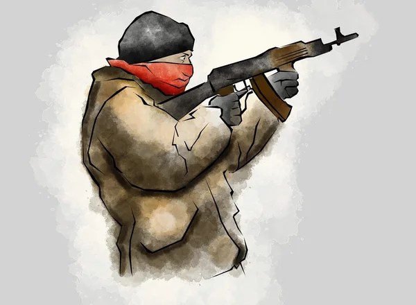 Fighter with rifle, in the act of shooting, hand drawn